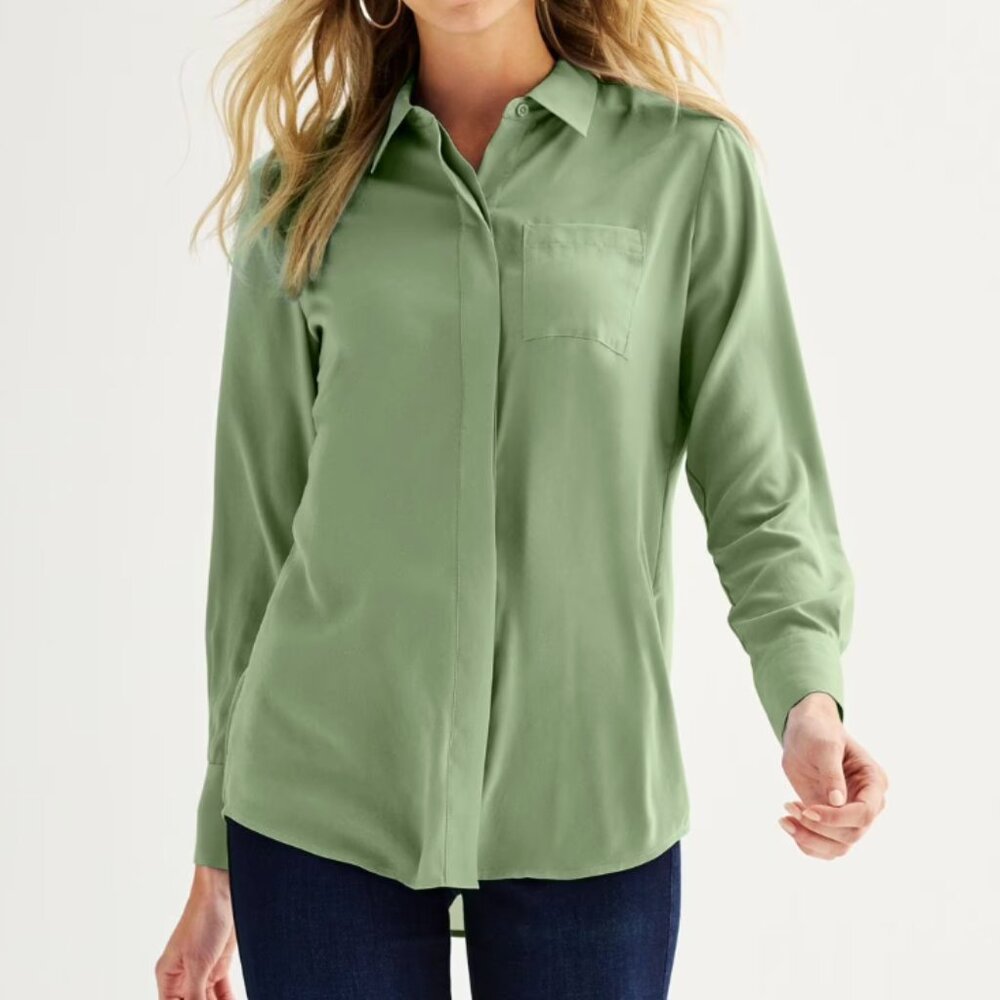 Women's Nine West Drapey Button Down Shirt Color: Camden Green, Small NWT